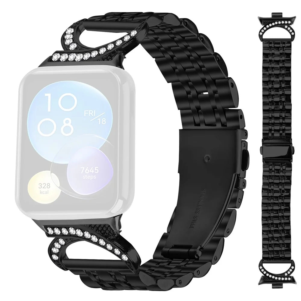 For Xiaomi Smart Band 10 Pro / 9 Pro / 8 Pro / Redmi Watch 6 / 5 / 4 Strap Seven Bead Stainless Steel Watch Band with Rhinestone Ox Horn Style Connector - Black - 1