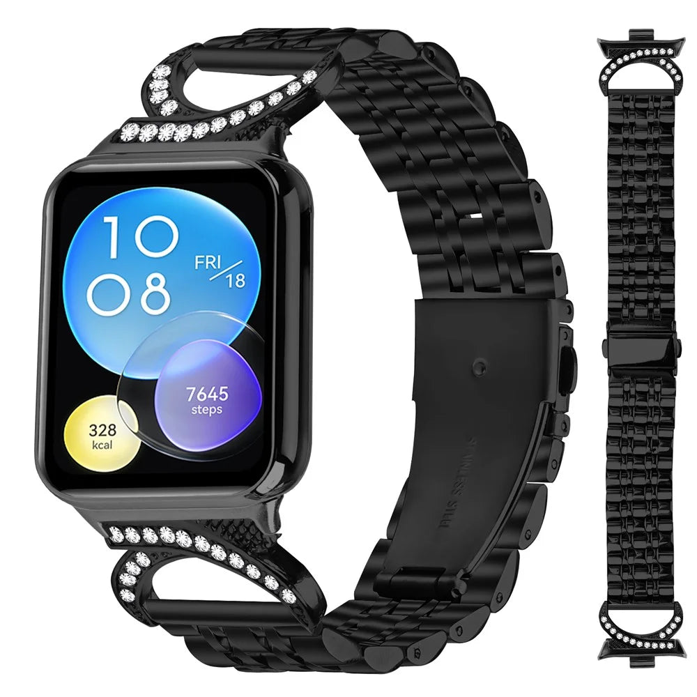 For Xiaomi Smart Band 10 Pro / 9 Pro / 8 Pro / Redmi Watch 6 / 5 / 4 Strap Seven Bead Stainless Steel Watch Band with Rhinestone Ox Horn Style Connector - Black - 2