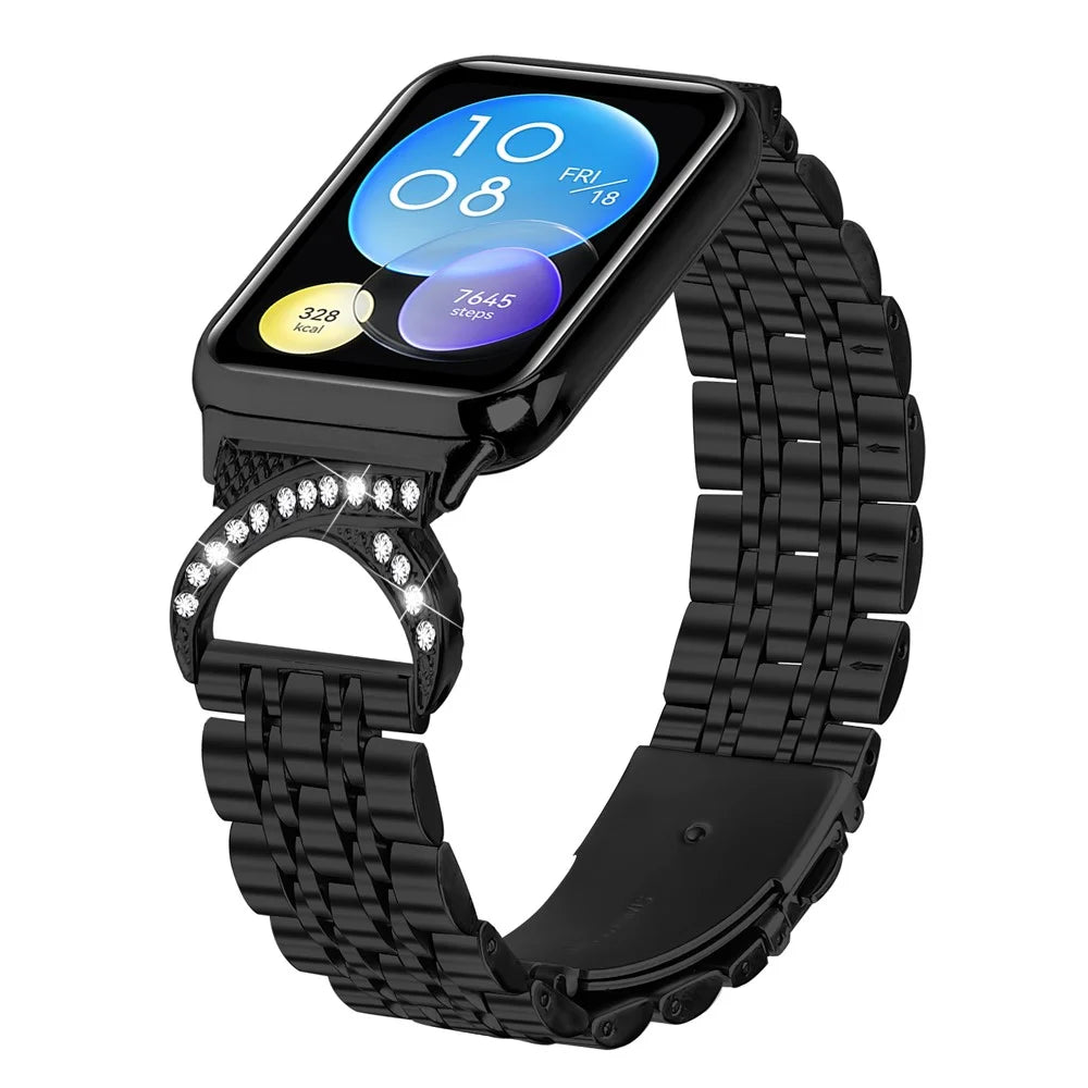 For Xiaomi Smart Band 10 Pro / 9 Pro / 8 Pro / Redmi Watch 6 / 5 / 4 Strap Seven Bead Stainless Steel Watch Band with Rhinestone Ox Horn Style Connector - Black - 3