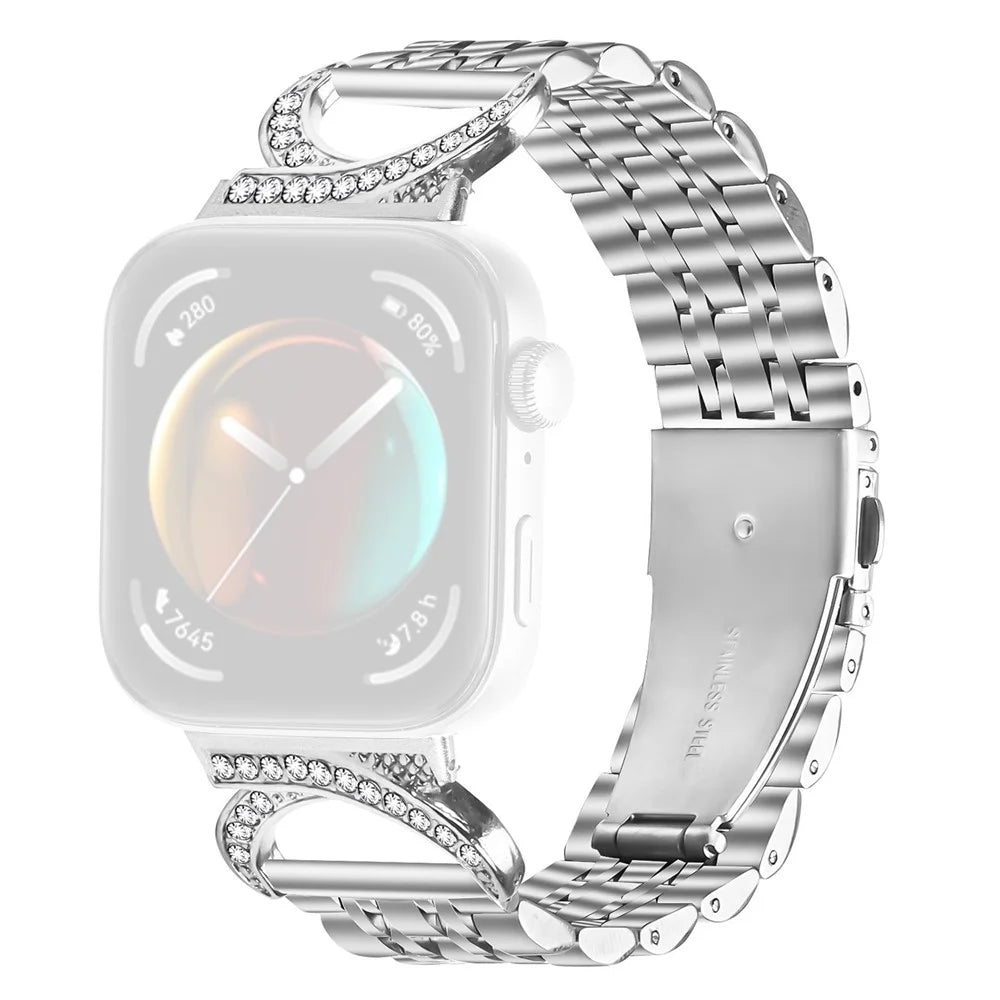 Watch Band for Huawei Watch Fit 4 Pro / Fit 4 / Fit 3 Seven Bead Stainless Steel Strap with Rhinestone Ox Horn Style Connector - Silver - 1