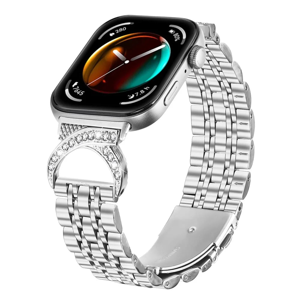 Watch Band for Huawei Watch Fit 4 Pro / Fit 4 / Fit 3 Seven Bead Stainless Steel Strap with Rhinestone Ox Horn Style Connector - Silver - 3