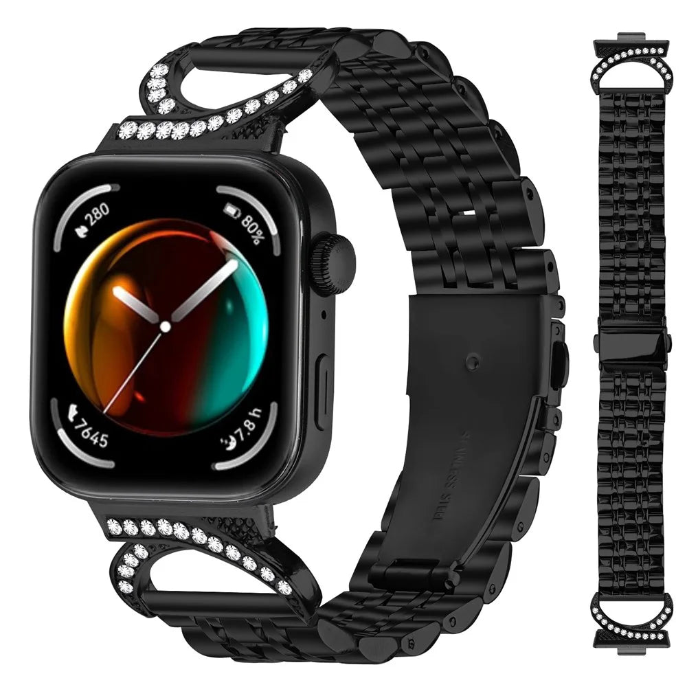 Watch Strap for Huawei Watch Fit 4 Pro / Fit 4 / Fit 3 Seven Bead Stainless Steel Band with Rhinestone Ox Horn Style Connector - Black - 2