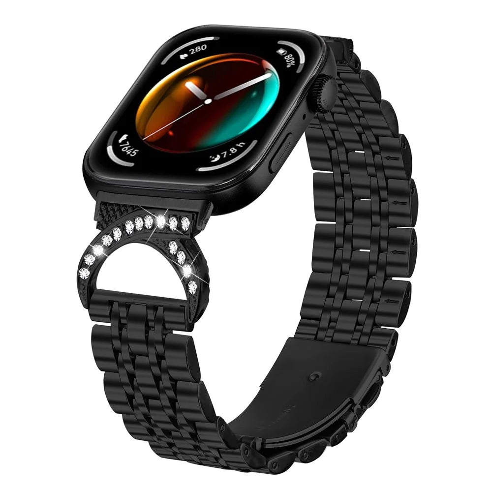 Watch Strap for Huawei Watch Fit 4 Pro / Fit 4 / Fit 3 Seven Bead Stainless Steel Band with Rhinestone Ox Horn Style Connector - Black - 3