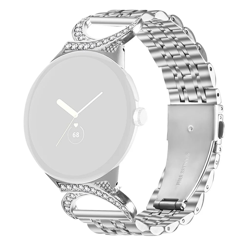 Watch Band for Google Pixel Watch 4 41mm / Watch 3 41mm / Watch 2 / Watch Seven Bead Stainless Steel Strap with Rhinestone Ox Horn Style Connector - Silver - 1