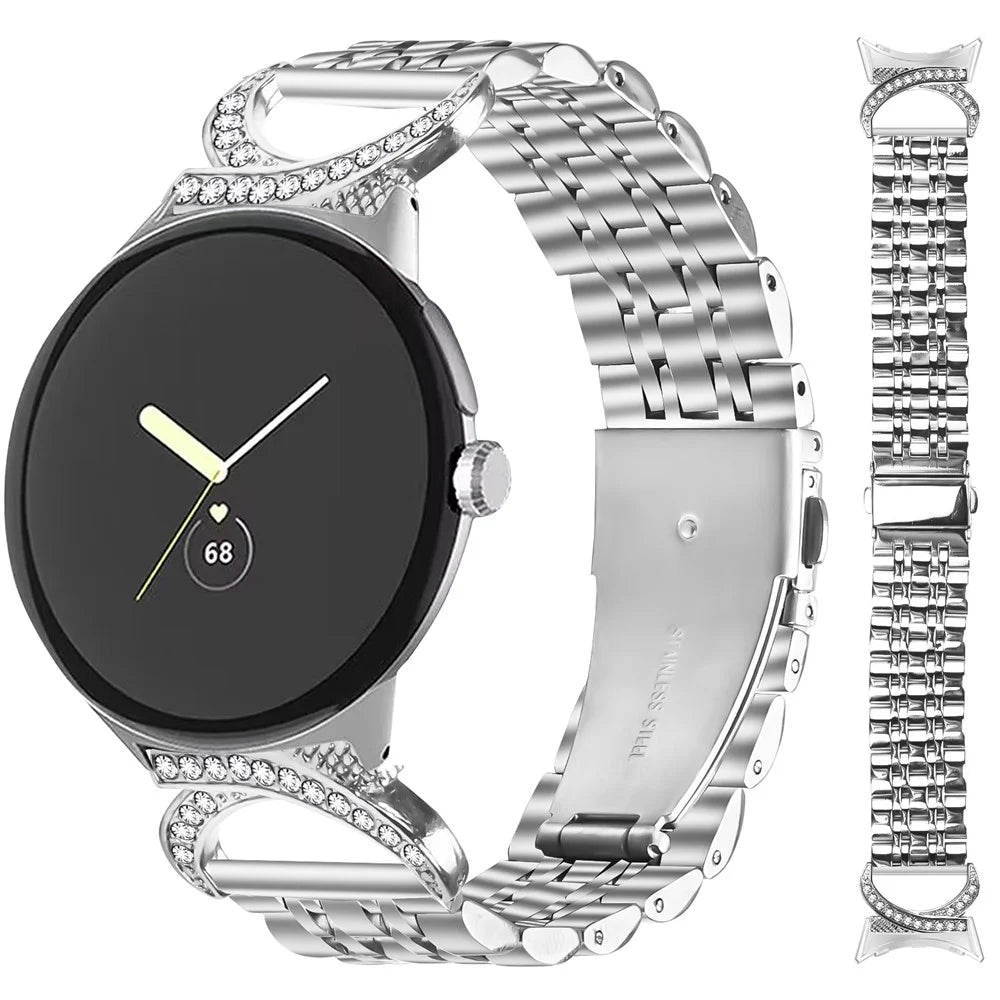Watch Band for Google Pixel Watch 4 41mm / Watch 3 41mm / Watch 2 / Watch Seven Bead Stainless Steel Strap with Rhinestone Ox Horn Style Connector - Silver - 2