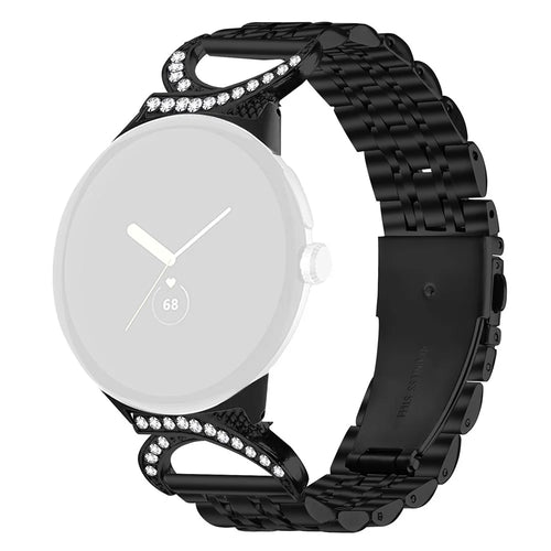 Watch Strap for Google Pixel Watch 4 41mm / Watch 3 41mm / Watch 2 / Watch Seven Bead Stainless Steel Band with Rhinestone Ox Horn Style Connector - Black - 1