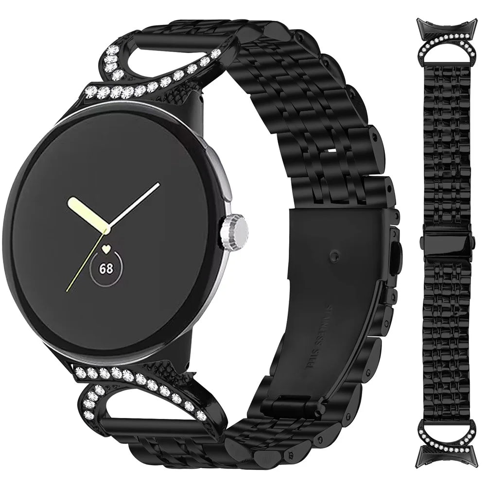 Watch Strap for Google Pixel Watch 4 41mm / Watch 3 41mm / Watch 2 / Watch Seven Bead Stainless Steel Band with Rhinestone Ox Horn Style Connector - Black - 2