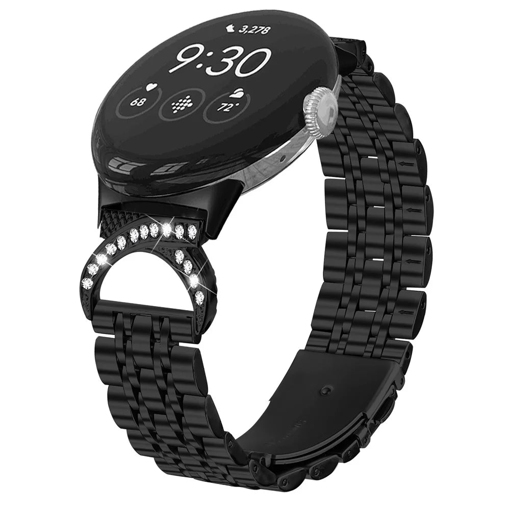 Watch Strap for Google Pixel Watch 4 41mm / Watch 3 41mm / Watch 2 / Watch Seven Bead Stainless Steel Band with Rhinestone Ox Horn Style Connector - Black - 3