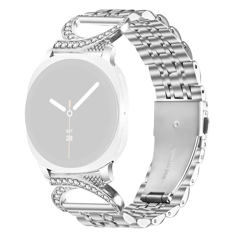 Watch Band for Samsung Galaxy Watch8 Classic 46mm / Watch8 44mm / 40mm Seven Bead Stainless Steel Strap with Rhinestone Ox Horn Style Connector - Silver - 1
