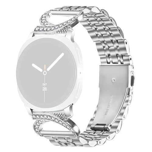 Watch Band for Samsung Galaxy Watch8 Classic 46mm / Watch8 44mm / 40mm Seven Bead Stainless Steel Strap with Rhinestone Ox Horn Style Connector - Silver - 1