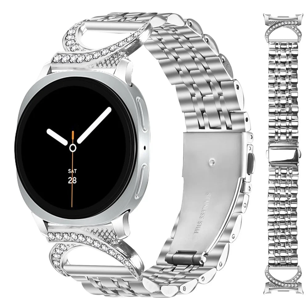 Watch Band for Samsung Galaxy Watch8 Classic 46mm / Watch8 44mm / 40mm Seven Bead Stainless Steel Strap with Rhinestone Ox Horn Style Connector - Silver - 2