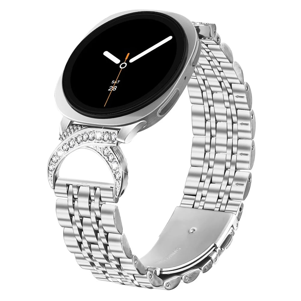 Watch Band for Samsung Galaxy Watch8 Classic 46mm / Watch8 44mm / 40mm Seven Bead Stainless Steel Strap with Rhinestone Ox Horn Style Connector - Silver - 3