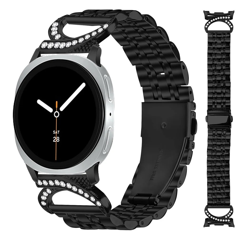 Watch Strap for Samsung Galaxy Watch8 Classic 46mm / Watch8 44mm / 40mm Seven Bead Stainless Steel Band with Rhinestone Ox Horn Style Connector - Black - 2