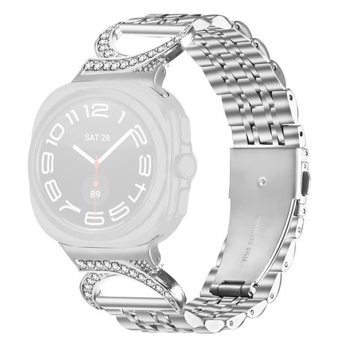 For Samsung Galaxy Watch Ultra2 47mm / Watch Ultra (2025) 47mm / Watch Ultra 47mm Watch Band Seven Bead Stainless Steel Strap with Rhinestone Ox Horn Style Connector - Silver - 1