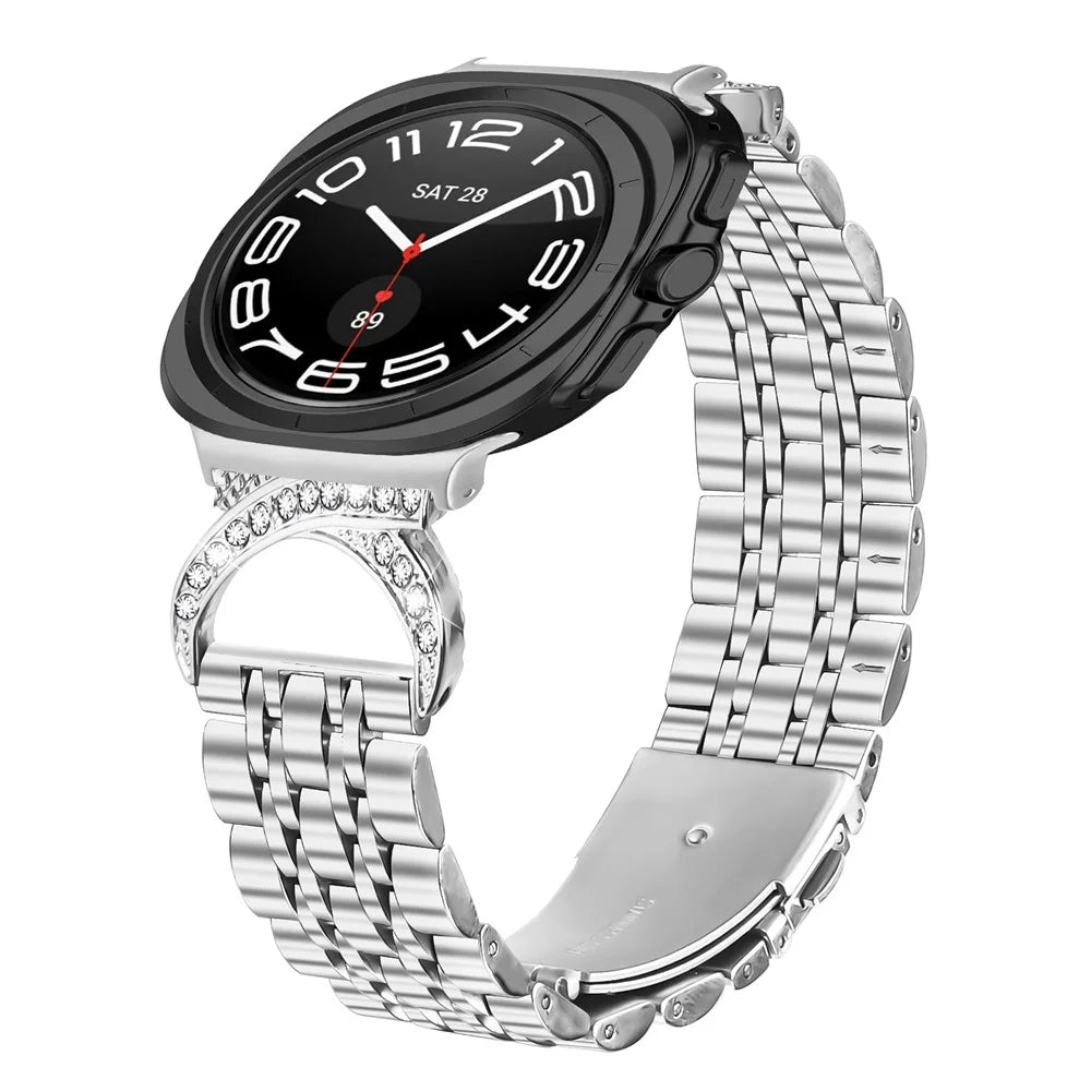 For Samsung Galaxy Watch Ultra2 47mm / Watch Ultra (2025) 47mm / Watch Ultra 47mm Watch Band Seven Bead Stainless Steel Strap with Rhinestone Ox Horn Style Connector - Silver - 2