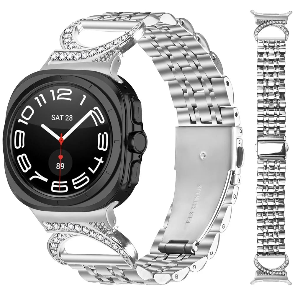 For Samsung Galaxy Watch Ultra2 47mm / Watch Ultra (2025) 47mm / Watch Ultra 47mm Watch Band Seven Bead Stainless Steel Strap with Rhinestone Ox Horn Style Connector - Silver - 3