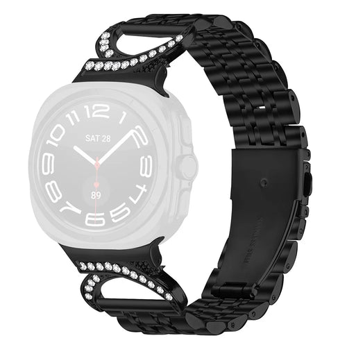 For Samsung Galaxy Watch Ultra2 47mm / Watch Ultra (2025) 47mm / Watch Ultra 47mm Strap Seven Bead Stainless Steel Watch Band with Rhinestone Ox Horn Style Connector - Black - 1