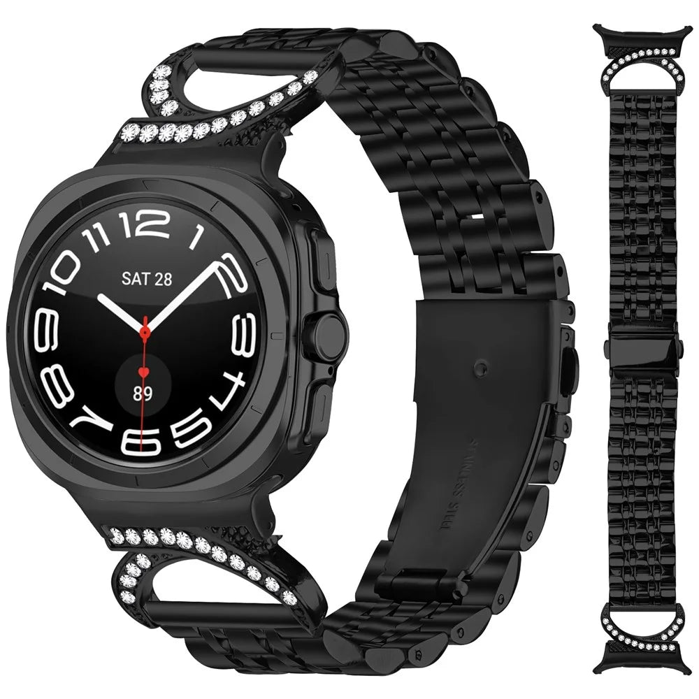 For Samsung Galaxy Watch Ultra2 47mm / Watch Ultra (2025) 47mm / Watch Ultra 47mm Strap Seven Bead Stainless Steel Watch Band with Rhinestone Ox Horn Style Connector - Black - 2