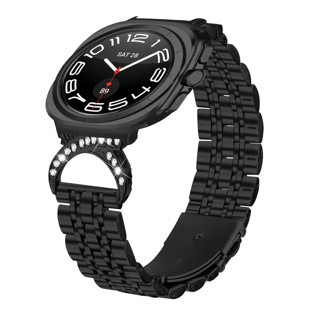 For Samsung Galaxy Watch Ultra2 47mm / Watch Ultra (2025) 47mm / Watch Ultra 47mm Strap Seven Bead Stainless Steel Watch Band with Rhinestone Ox Horn Style Connector - Black - 3