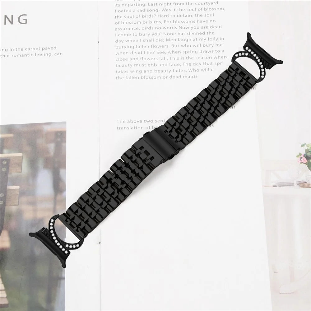For Samsung Galaxy Watch Ultra2 47mm / Watch Ultra (2025) 47mm / Watch Ultra 47mm Strap Seven Bead Stainless Steel Watch Band with Rhinestone Ox Horn Style Connector - Black - 6