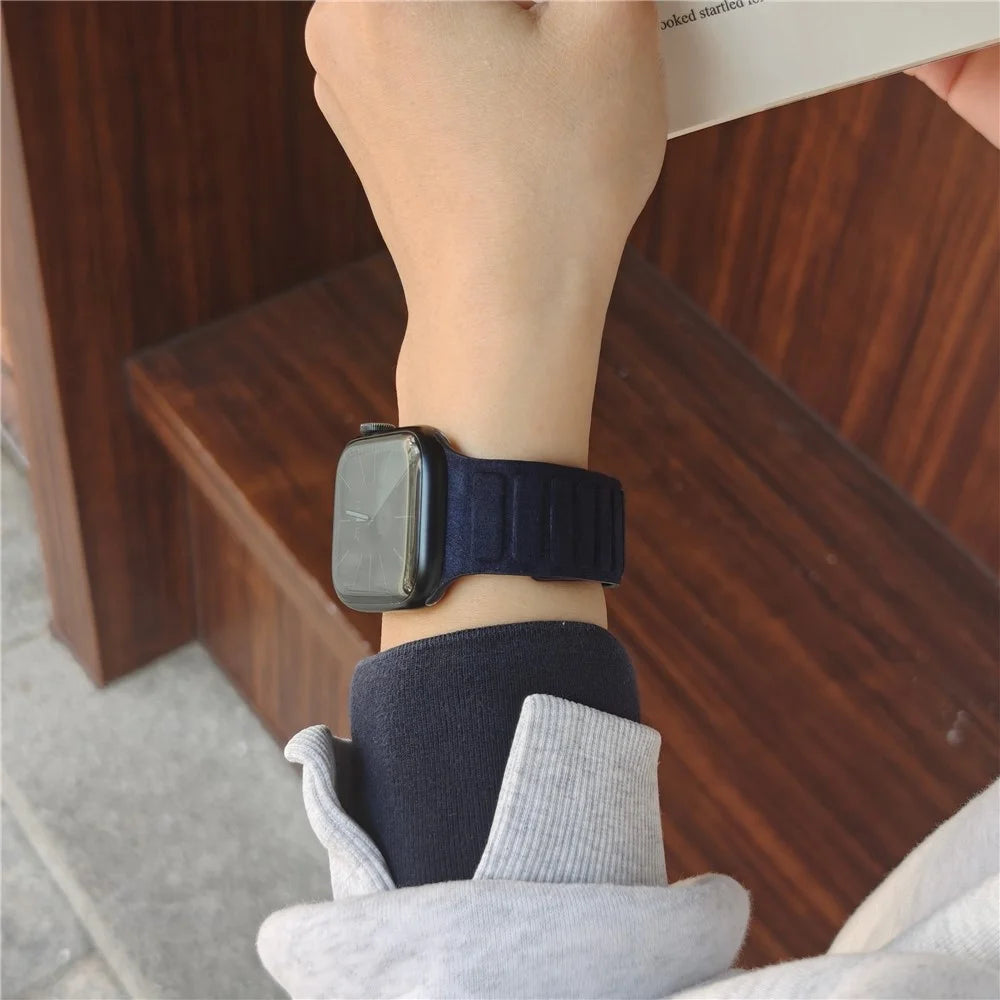 Suede Leather Magnetic Strap for Apple Watch Series 11 10 42mm  /  9 8 7 41mm  /  SE3 SE2 SE 6 5 4 40mm  /  3 2 1 38mm Square Design Watch Band - Navy Blue - 4
