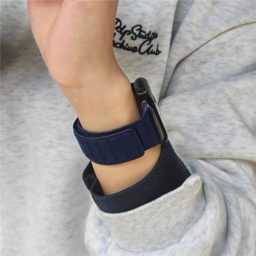 Suede Leather Magnetic Strap for Apple Watch Series 11 10 42mm  /  9 8 7 41mm  /  SE3 SE2 SE 6 5 4 40mm  /  3 2 1 38mm Square Design Watch Band - Navy Blue - 5