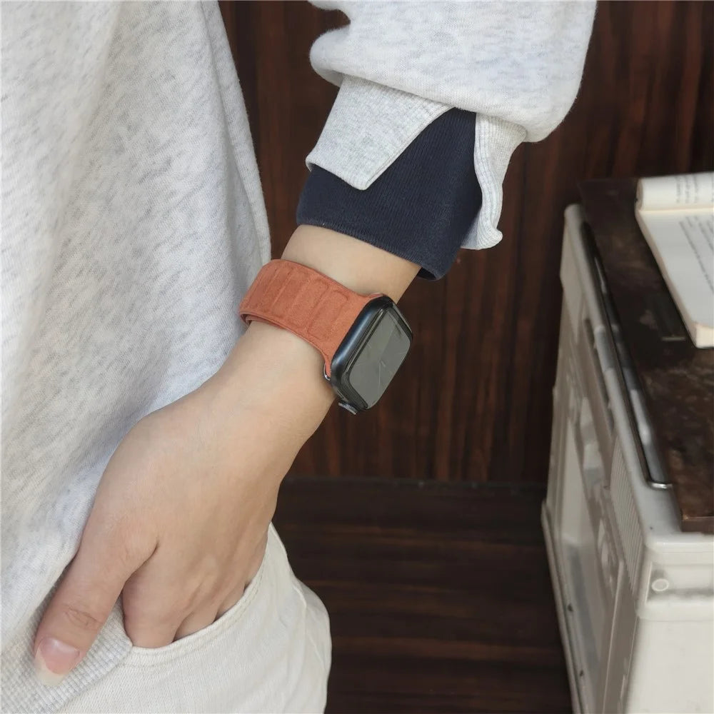 Suede Leather Magnetic Strap for Apple Watch Ultra 3 2 1 49mm  /  Series 11 10 46mm  /  9 8 7 45mm  /  SE3 SE2 SE 6 5 4 44mm  /  3 2 1 42mm Square Design Watch Band - Brown - 4