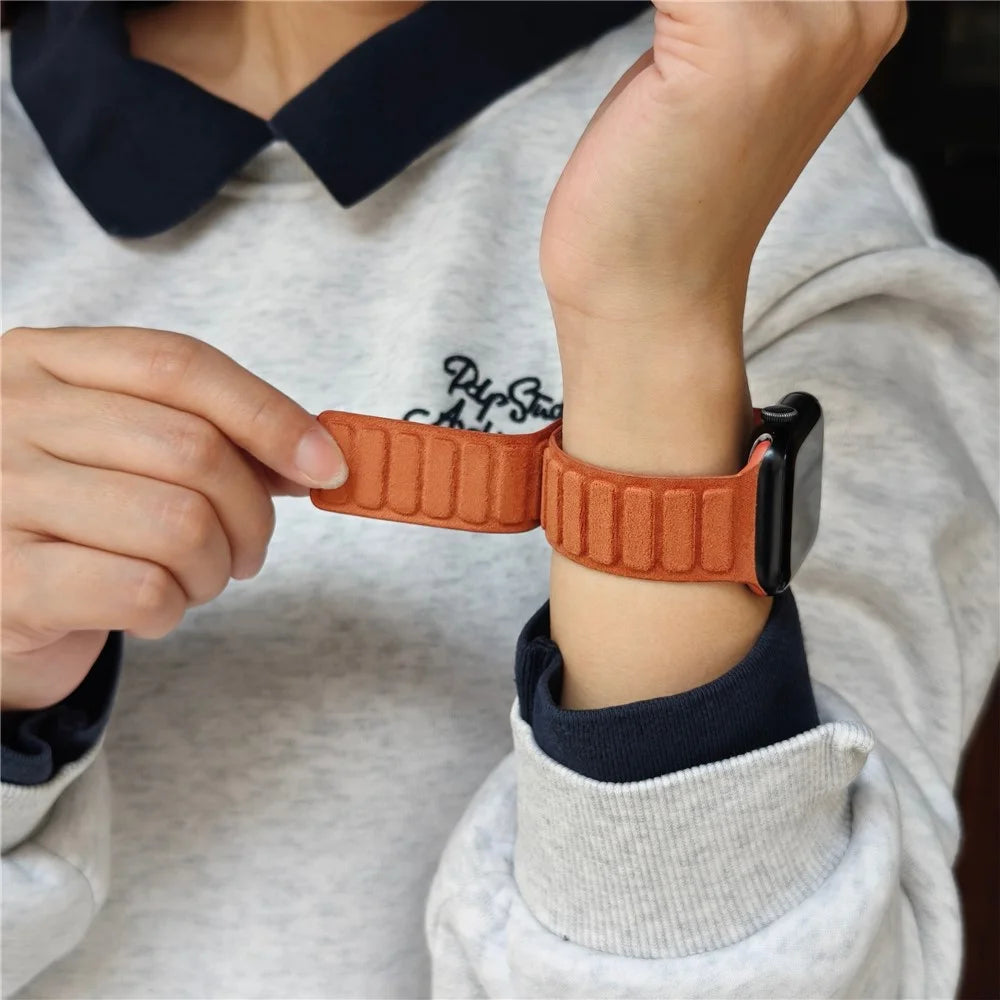 Suede Leather Magnetic Strap for Apple Watch Ultra 3 2 1 49mm  /  Series 11 10 46mm  /  9 8 7 45mm  /  SE3 SE2 SE 6 5 4 44mm  /  3 2 1 42mm Square Design Watch Band - Brown - 6