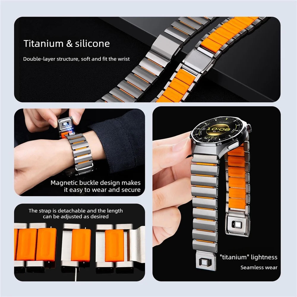22mm Titanium Alloy + Silicone Strap for Huawei Watch GT 6 / 5 / 5 Pro 46mm Watch Band Magnetic Buckle - Black / Orange - 3