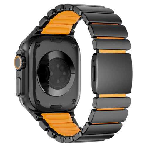 Stainless Steel + Silicone Strap for Apple Watch Ultra 3 2 1 49mm  /  Series 11 10 46mm  /  9 8 7 45mm  /  SE3 SE2 SE 6 5 4 44mm  /  3 2 1 42mm Watch Band Magnetic Buckle - Black / Orange - 1