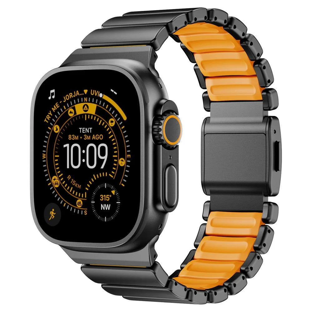 Stainless Steel + Silicone Strap for Apple Watch Ultra 3 2 1 49mm  /  Series 11 10 46mm  /  9 8 7 45mm  /  SE3 SE2 SE 6 5 4 44mm  /  3 2 1 42mm Watch Band Magnetic Buckle - Black / Orange - 2