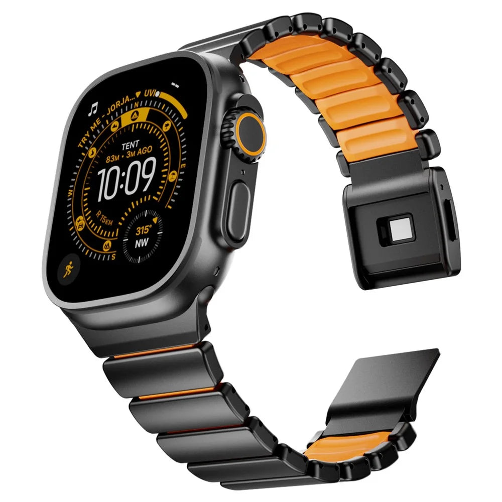Stainless Steel + Silicone Strap for Apple Watch Ultra 3 2 1 49mm  /  Series 11 10 46mm  /  9 8 7 45mm  /  SE3 SE2 SE 6 5 4 44mm  /  3 2 1 42mm Watch Band Magnetic Buckle - Black / Orange - 4