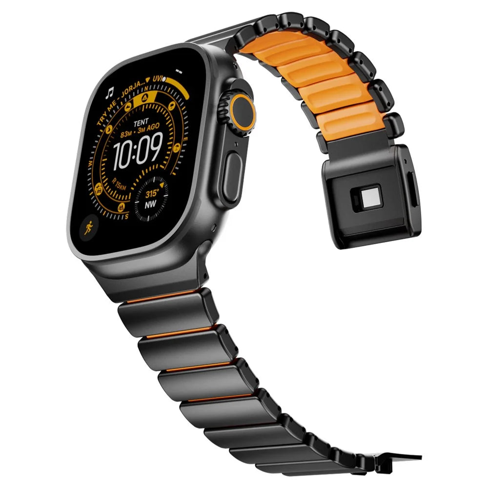 Stainless Steel + Silicone Strap for Apple Watch Ultra 3 2 1 49mm  /  Series 11 10 46mm  /  9 8 7 45mm  /  SE3 SE2 SE 6 5 4 44mm  /  3 2 1 42mm Watch Band Magnetic Buckle - Black / Orange - 5