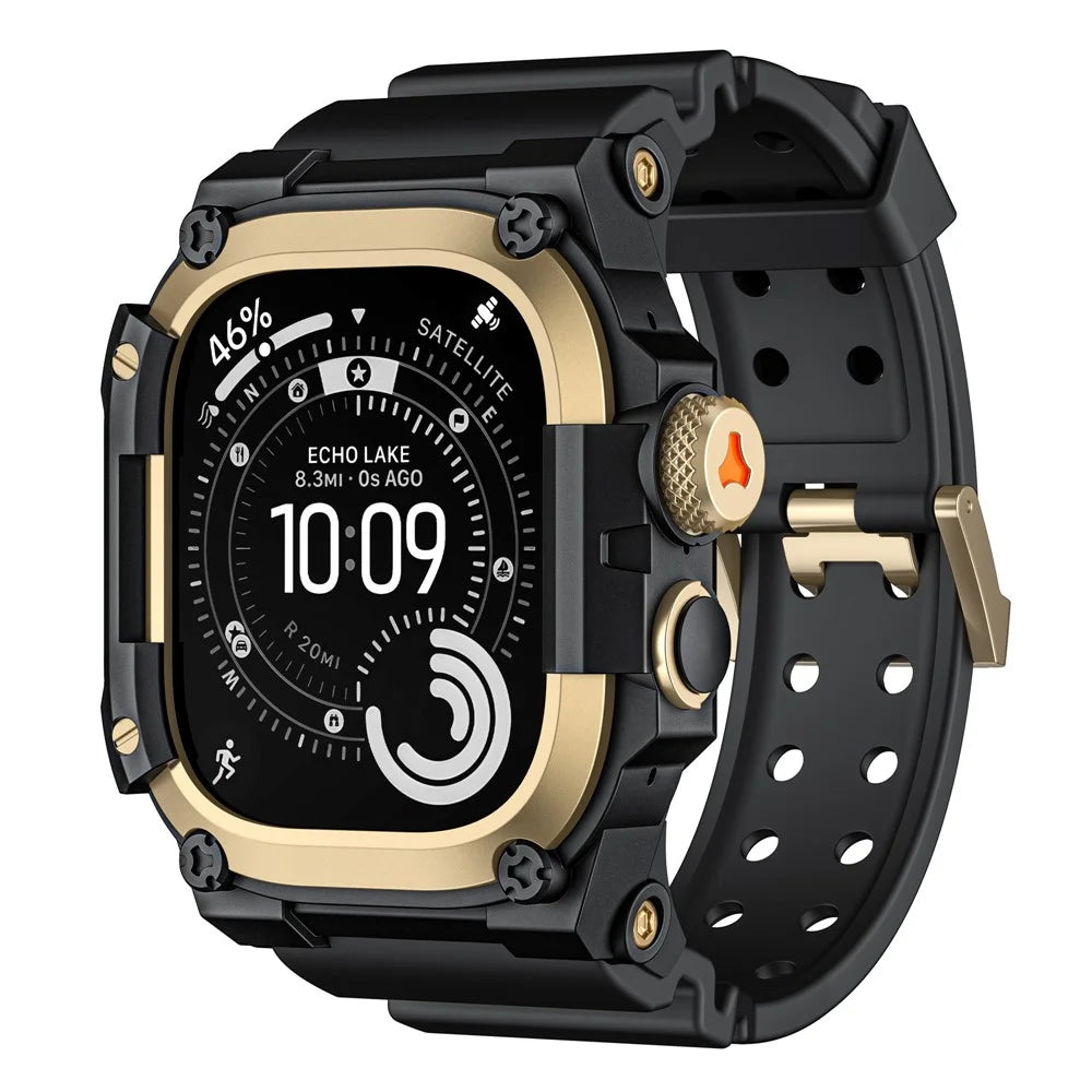 TPU Strap + Metal Case for Apple Watch Ultra 3  /  Ultra 2  /  Ultra 49mm Breathable Watch Band Protective Cover Combo Set - Gold  /  Black - 2