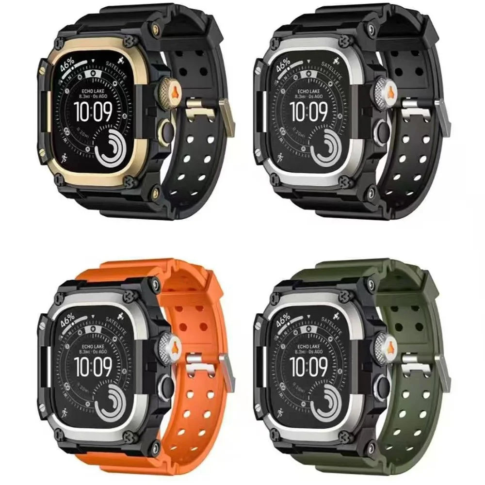 TPU Strap + Metal Case for Apple Watch Ultra 3  /  Ultra 2  /  Ultra 49mm Breathable Watch Band Protective Cover Combo Set - Gold  /  Black - 6