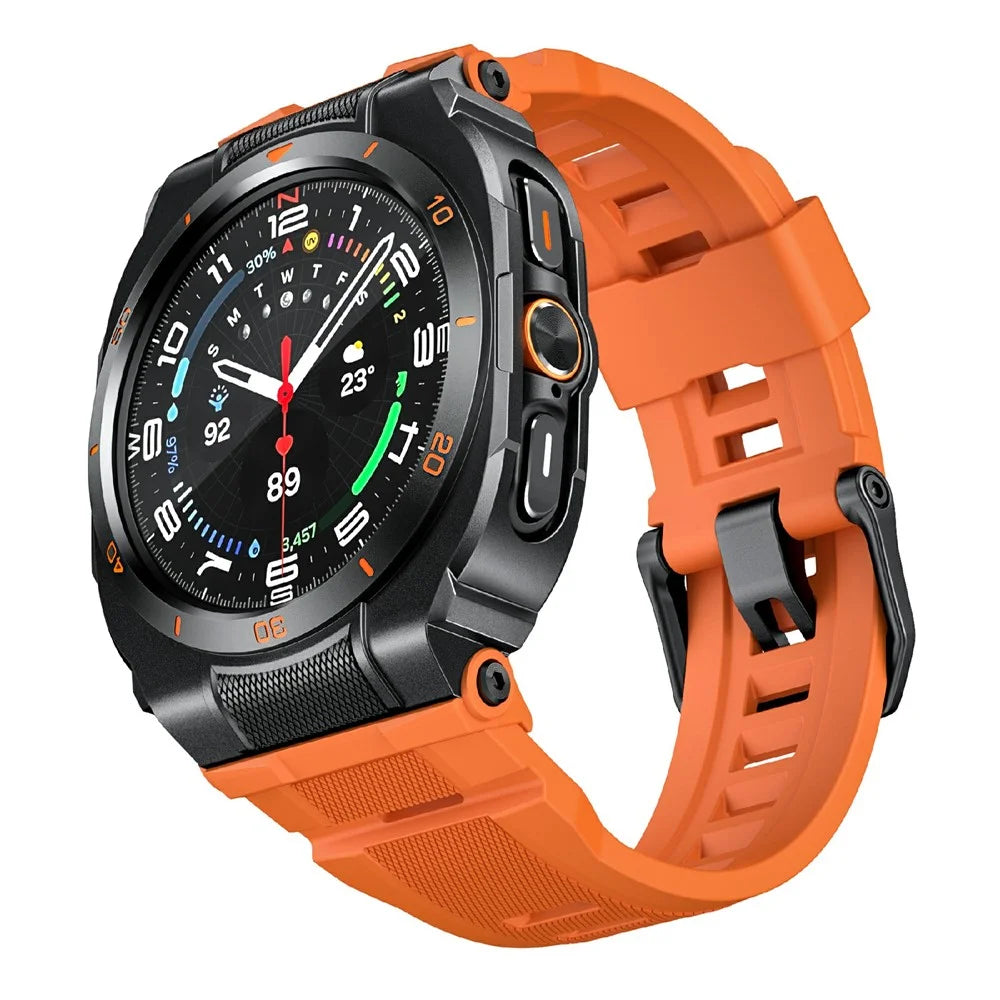 For Samsung Galaxy Watch Ultra (2025) 47mm / Ultra 47mm Silicone Strap with Case 2 in 1 Protective Cover Band Combo Zinc Alloy Bumper - Black / Orange - 1
