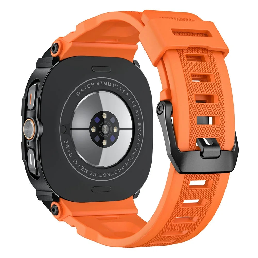 For Samsung Galaxy Watch Ultra (2025) 47mm / Ultra 47mm Silicone Strap with Case 2 in 1 Protective Cover Band Combo Zinc Alloy Bumper - Black / Orange - 2
