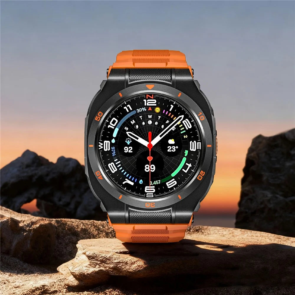For Samsung Galaxy Watch Ultra (2025) 47mm / Ultra 47mm Silicone Strap with Case 2 in 1 Protective Cover Band Combo Zinc Alloy Bumper - Black / Orange - 5