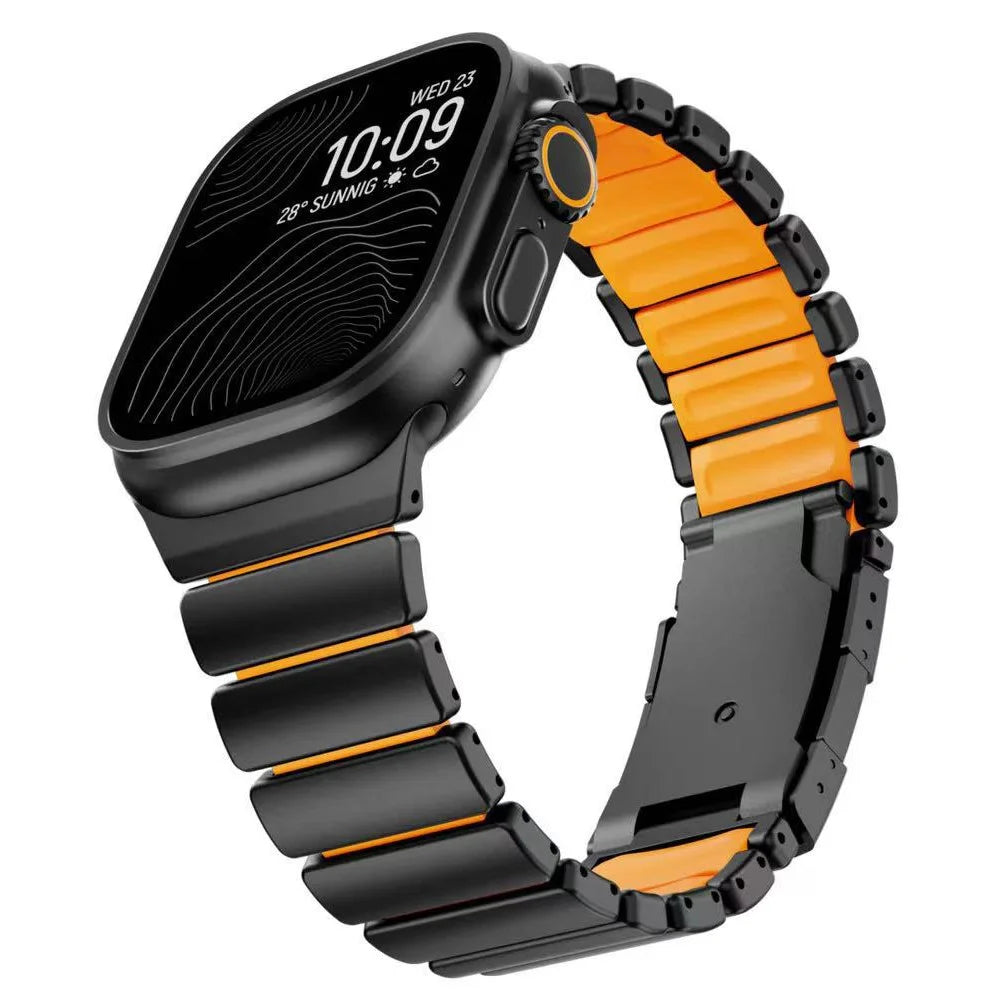 Folding Clasp Watch Band for Apple Watch Ultra 3 2 1 49mm  /  Series 11 10 46mm  /  9 8 7 45mm  /  SE3 SE2 SE 6 5 4 44mm  /  3 2 1 42mm Quick Release Titanium Alloy Wrist Strap - Black / Orange - 3