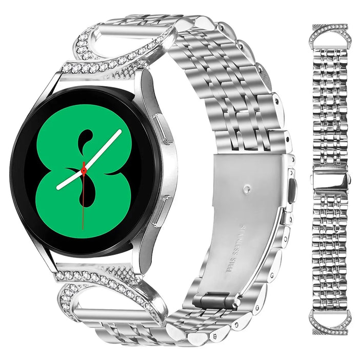 For Samsung Galaxy Watch7 44mm  /  40mm Watch Band Seven Bead Stainless Steel Strap with Rhinestone Ox Horn Style Connector - Silver - 1