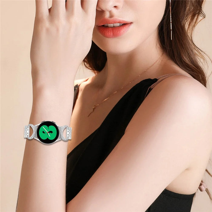 For Samsung Galaxy Watch7 44mm  /  40mm Watch Band Seven Bead Stainless Steel Strap with Rhinestone Ox Horn Style Connector - Silver - 5