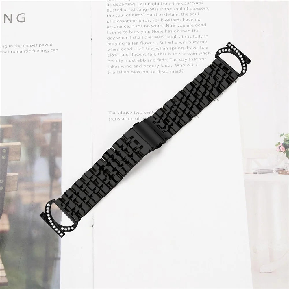 For Huami Amazfit T-Rex 3 Pro 44mm Strap Seven Bead Stainless Steel Watch Band with Rhinestone Ox Horn Style Connector - Black - 3
