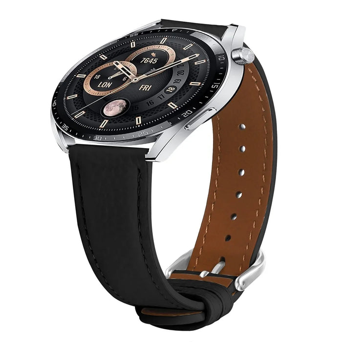 For Huami Amazfit Active Max Watch Band Litchi Texture Genuine Cow Leather Replacement Strap - Black - 2