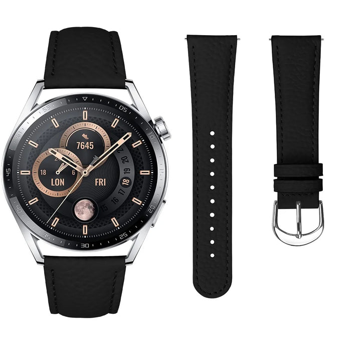 For Huami Amazfit Active Max Watch Band Litchi Texture Genuine Cow Leather Replacement Strap - Black - 3