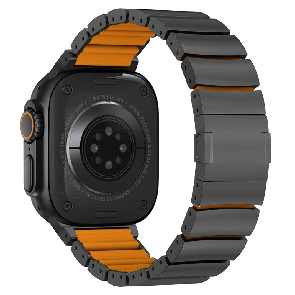 Watch Band for Apple Watch Series 11 10 42mm  /  9 8 7 41mm  /  SE3 SE2 SE 6 5 4 40mm  /  3 2 1 38mm One Bead Titanium Alloy + Silicone Strap - Black+Orange - 1