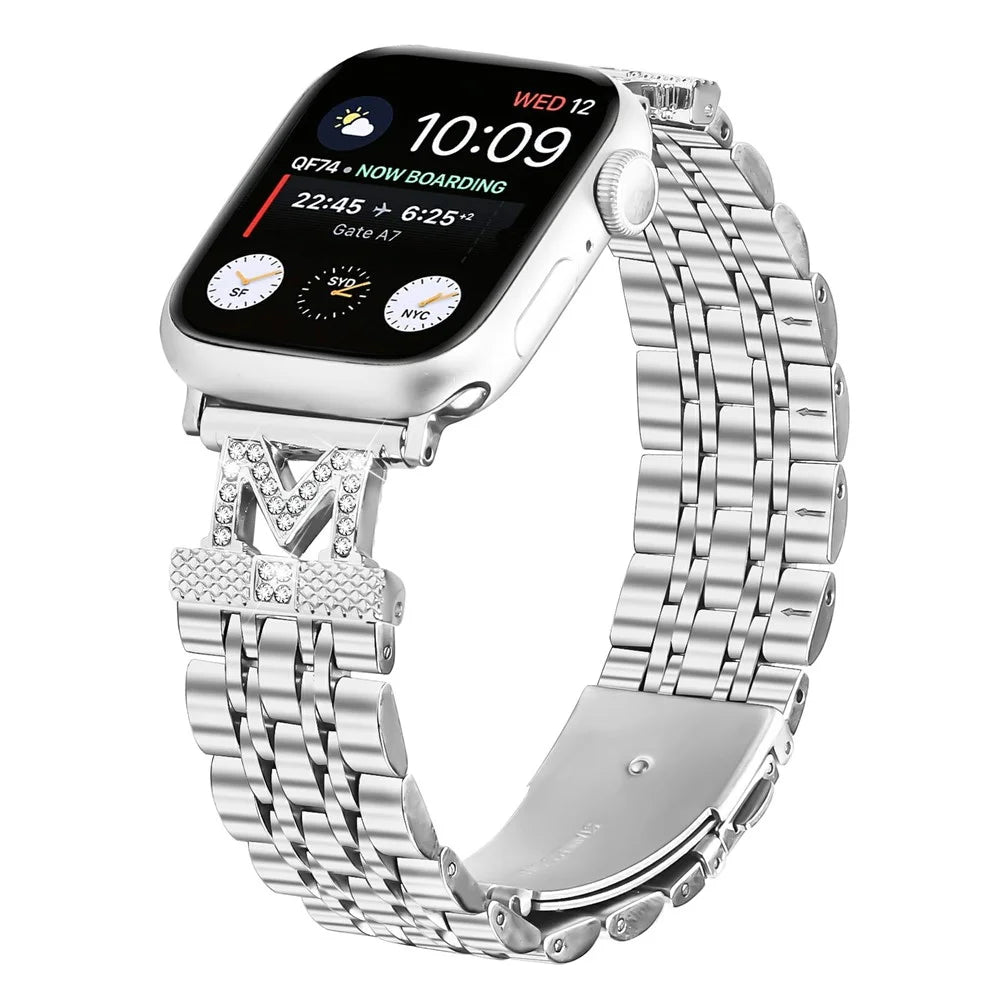 Stainless Steel Strap For Apple Watch Series 11 10 42mm  /  9 8 7 41mm  /  SE3 SE2 SE 6 5 4 40mm  /  3 2 1 38mm Rhinestone Decor M-Shaped Connector - Silver - 2