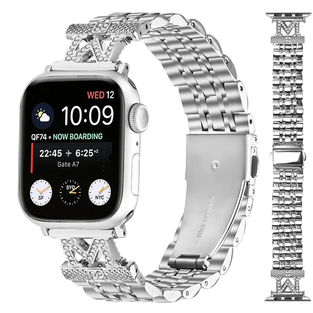 Stainless Steel Strap For Apple Watch Series 11 10 42mm  /  9 8 7 41mm  /  SE3 SE2 SE 6 5 4 40mm  /  3 2 1 38mm Rhinestone Decor M-Shaped Connector - Silver - 3