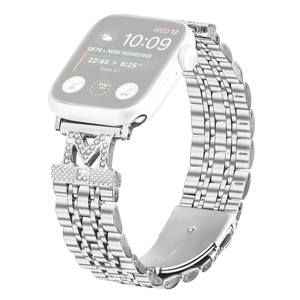 Stainless Steel Strap For Apple Watch Ultra 3 2 1 49mm  /  Series 11 10 46mm  /  9 8 7 45mm  /  SE3 SE2 SE 6 5 4 44mm  /  3 2 1 42mm Rhinestone Decor M-Shaped Connector - Silver - 1