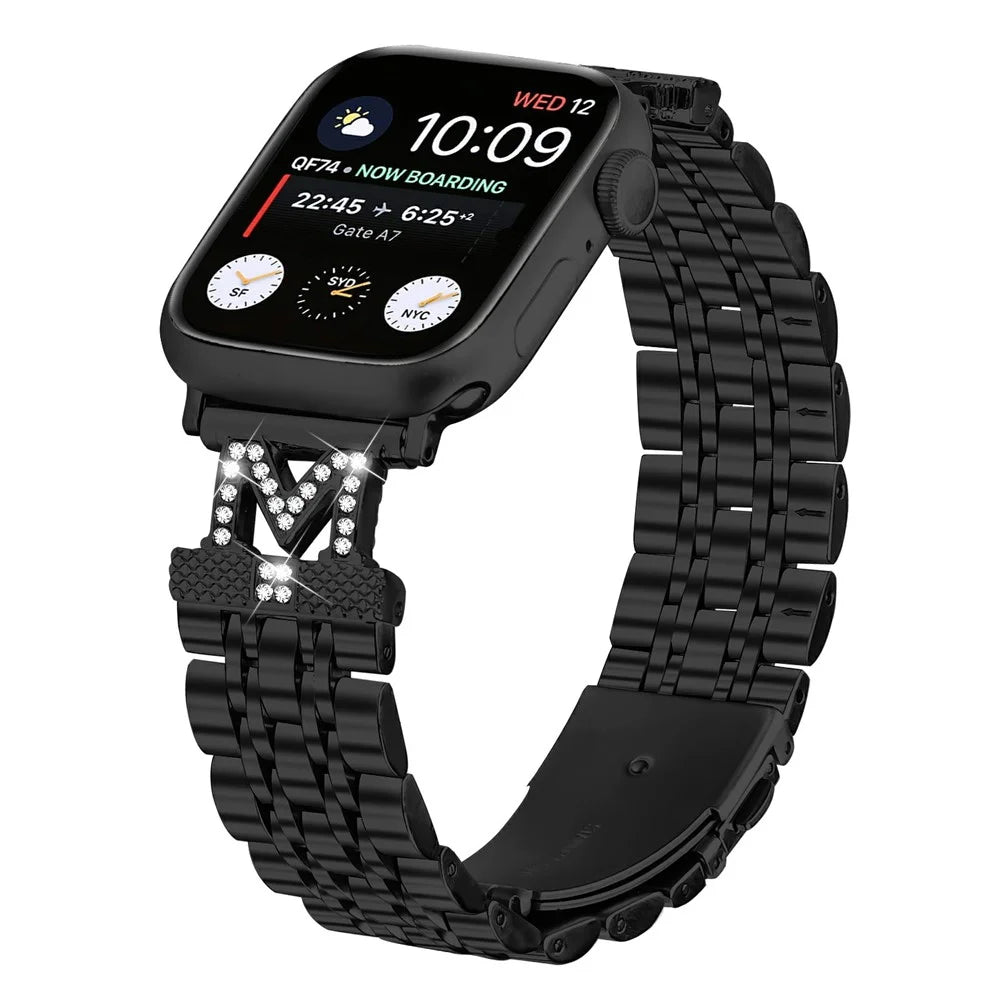 Stainless Steel Metal Strap For Apple Watch Series 11 10 42mm  /  9 8 7 41mm  /  SE3 SE2 SE 6 5 4 40mm  /  3 2 1 38mm M Shape Connector Rhinestone Decor - Black - 2
