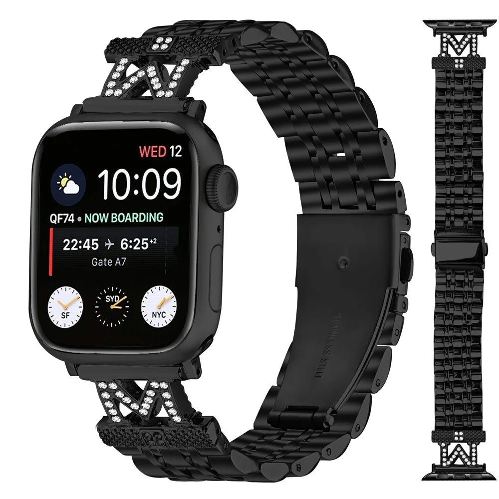 Stainless Steel Metal Strap For Apple Watch Series 11 10 42mm  /  9 8 7 41mm  /  SE3 SE2 SE 6 5 4 40mm  /  3 2 1 38mm M Shape Connector Rhinestone Decor - Black - 3